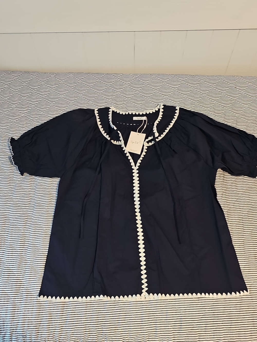 Navy Blouse with White Scalloped Trim